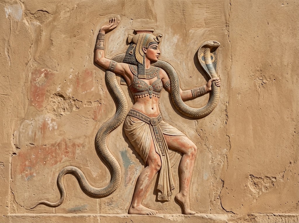 Contemporary illustration of Cleopatra holding a cobra with another snake coiled around her