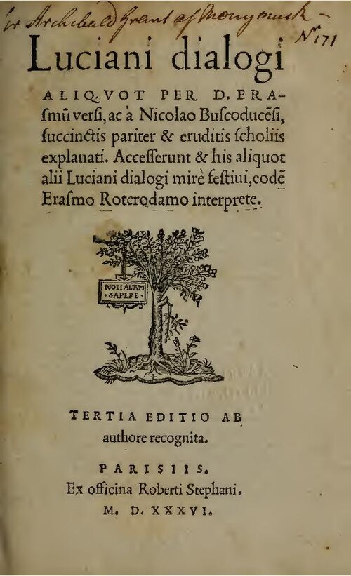 Title page of a 1536 edition of dialogues by Lucian