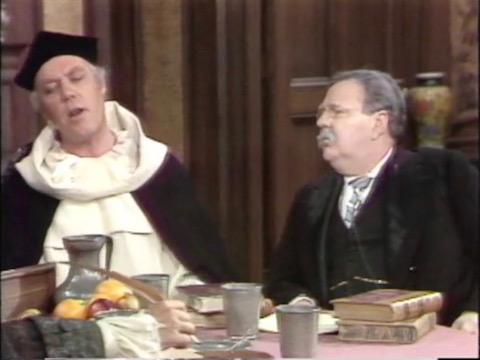 Steve Allen seated with actors portraying historical figures in Meeting of Minds