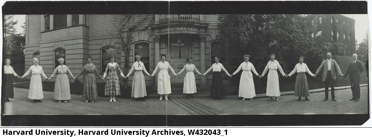 Harvard Observatory staff, including Henrietta Swan Leavitt, holding hands in a line around 1918