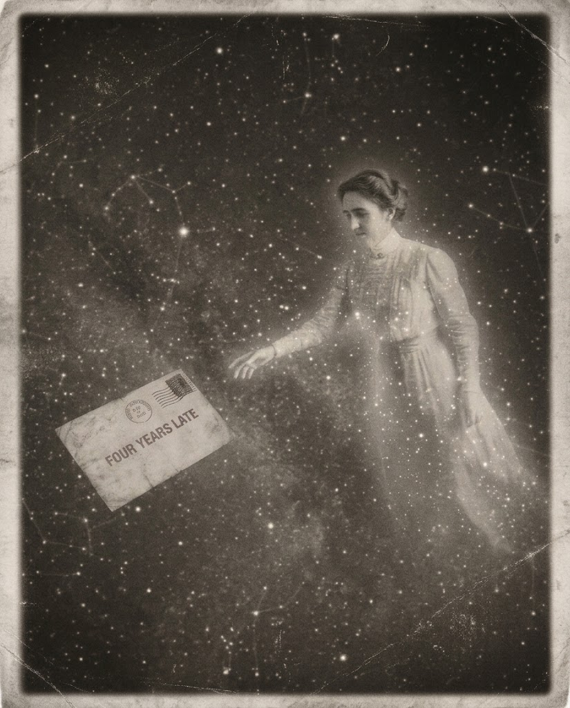 Contemporary illustration of Henrietta Swan Leavitt among stars, reaching towards a letter marked four years late