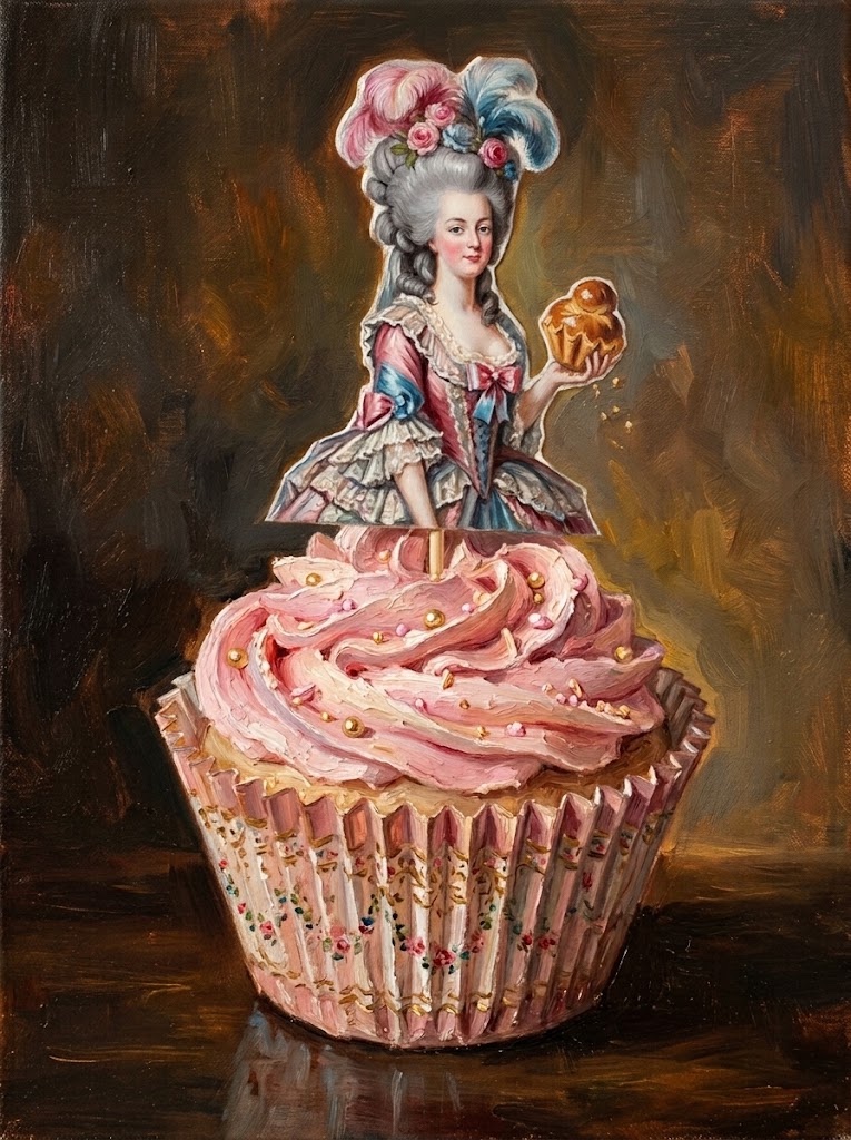 Contemporary illustration of Marie Antoinette standing on an enormous pink cake