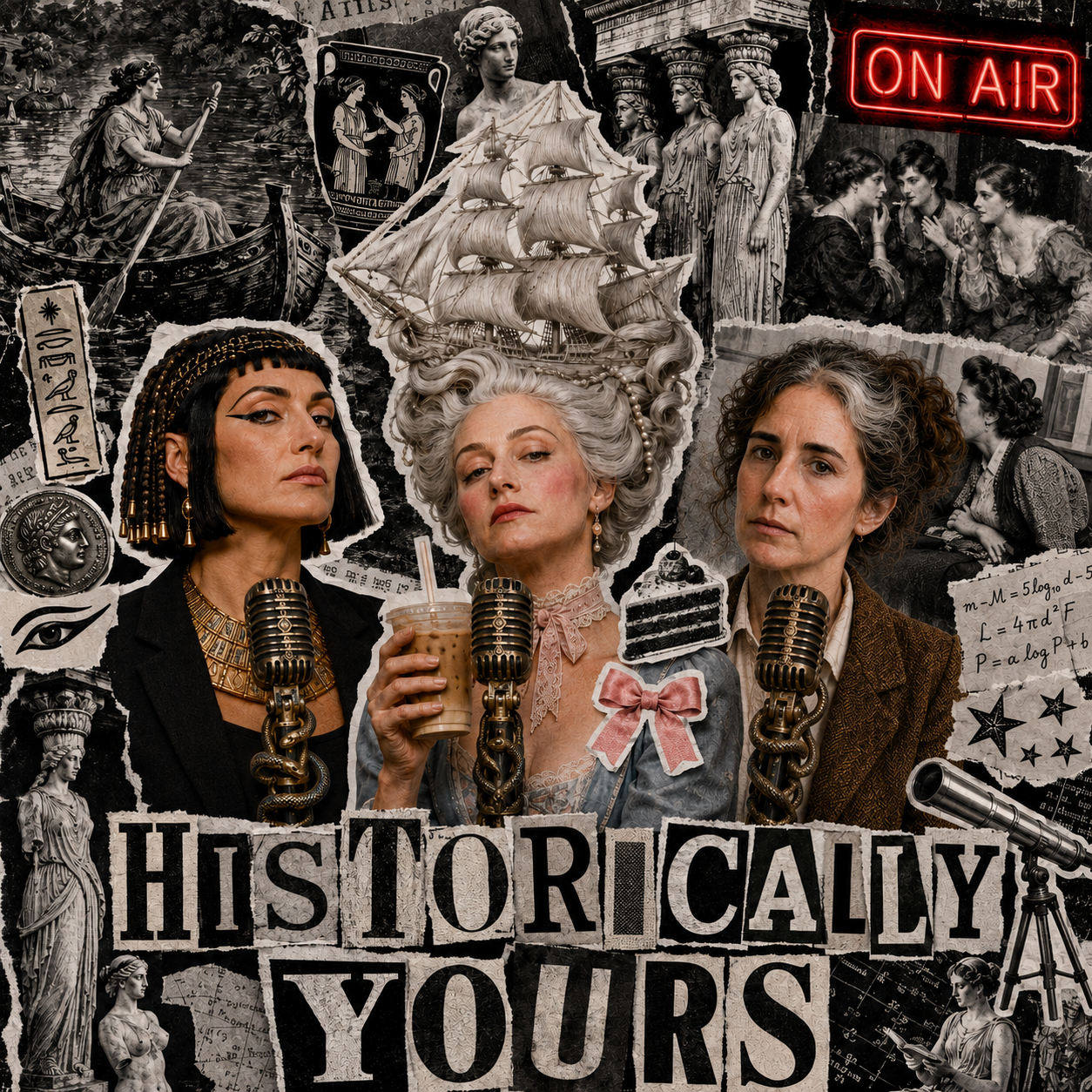 Historically Yours podcast cover showing Cleo, Toinette and Henri around microphones